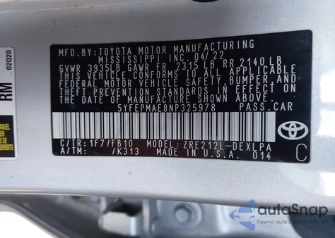 2022 Toyota Corolla Le z USA, uszkodzony, nr VIN 5YFEPMAE8NP325978